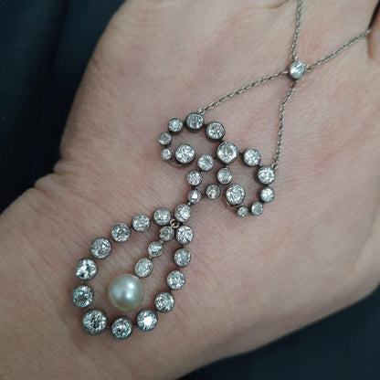 Antique 7ct Old Cut Diamond and Natural Pearl Pendant