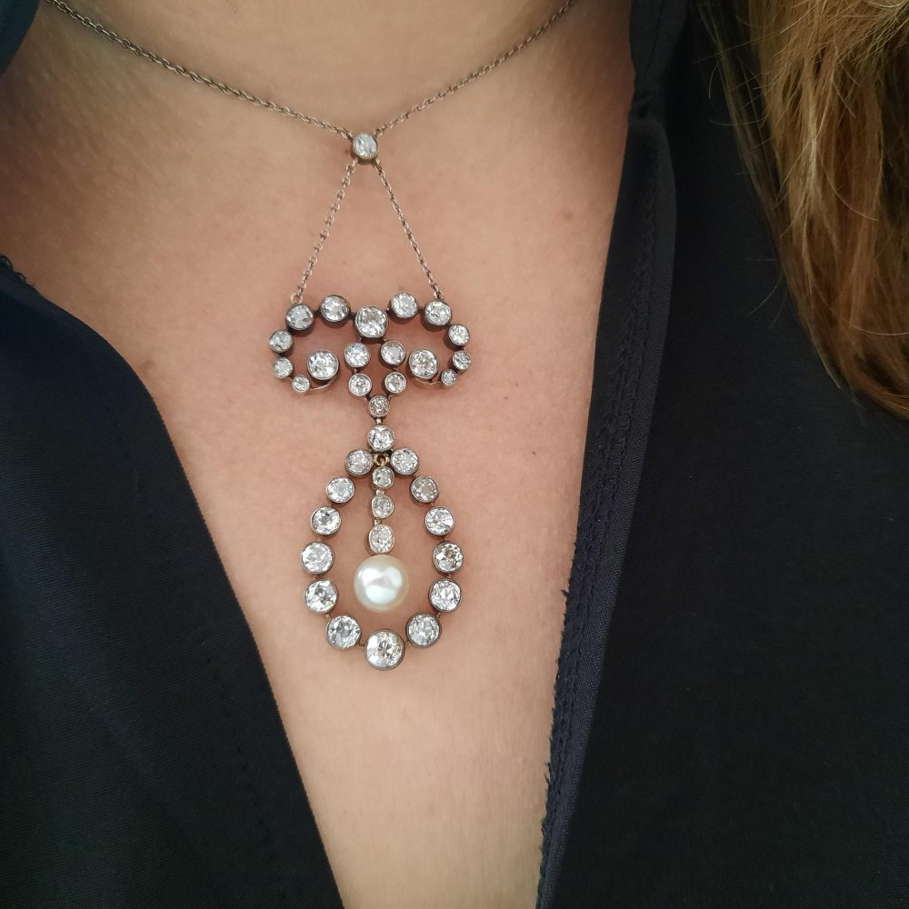 Antique 7ct Old Cut Diamond and Natural Pearl Pendant Necklace
