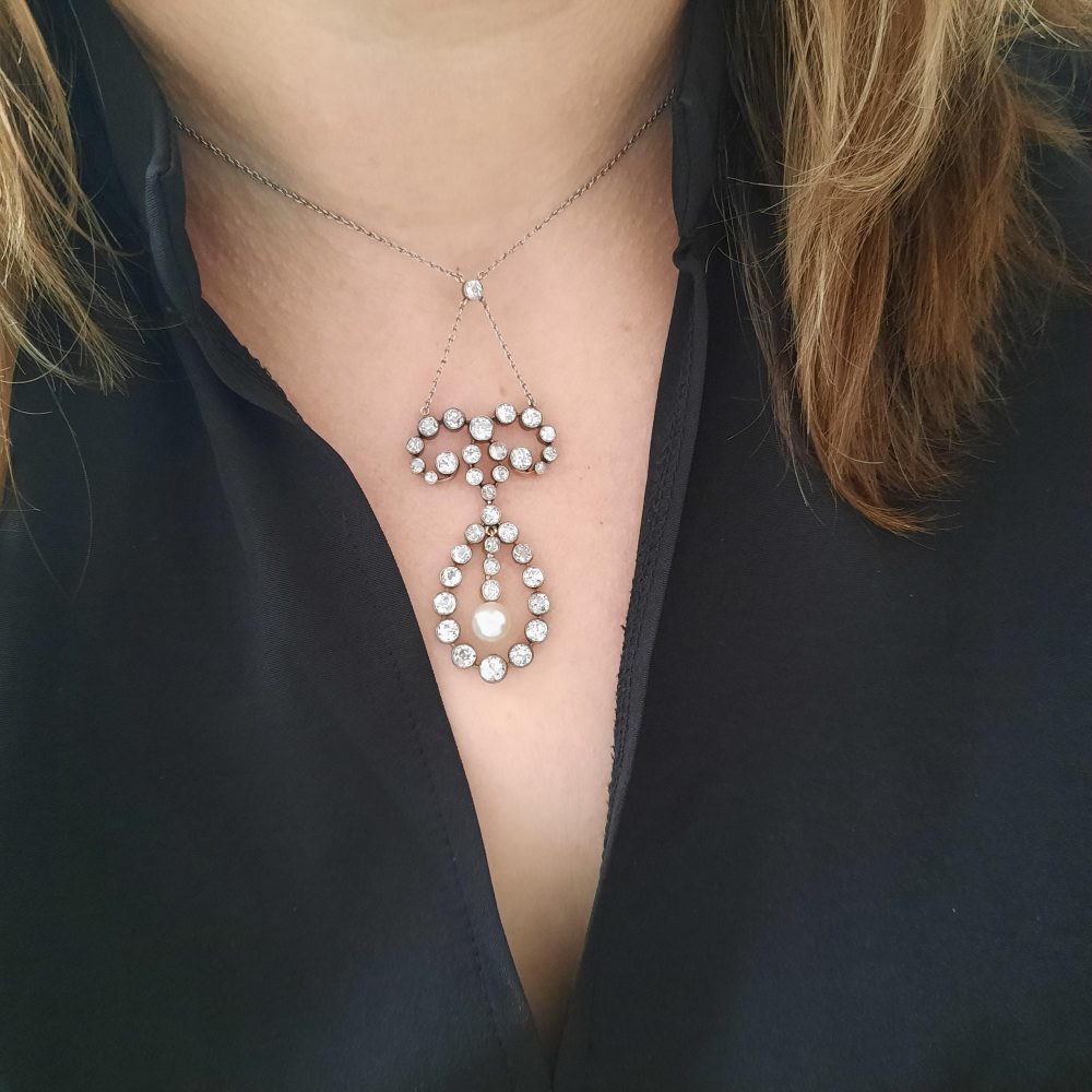 Antique 7ct Old Cut Diamond and Natural Pearl Pendant Necklace