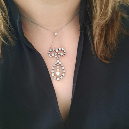 Antique 7ct Old Cut Diamond and Natural Pearl Pendant Necklace