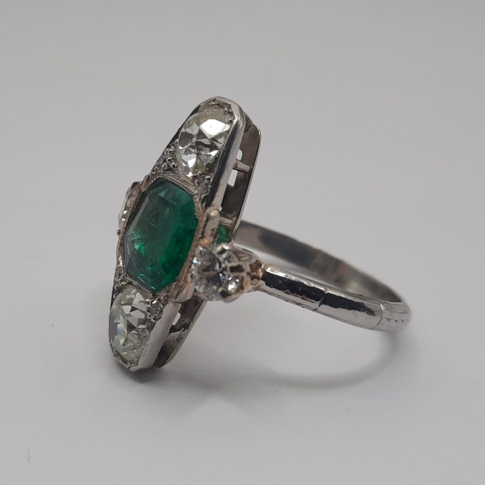 Antique Emerald and Old Cut Diamond Trilogy Plaque Ring