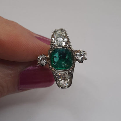 Antique Emerald and Old Cut Diamond Trilogy Plaque Ring