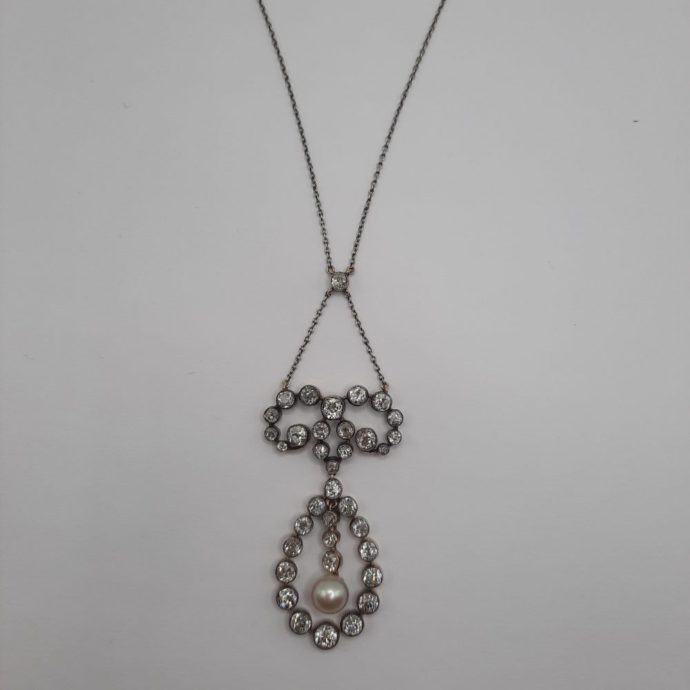 Antique 7ct Old Cut Diamond and Natural Pearl Pendant