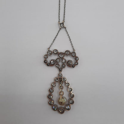 Antique 7ct Old Cut Diamond and Natural Pearl Pendant Necklace