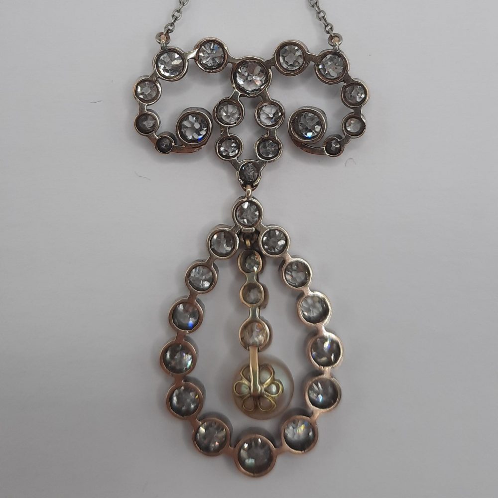 Antique 7ct Old Cut Diamond and Natural Pearl Pendant Necklace