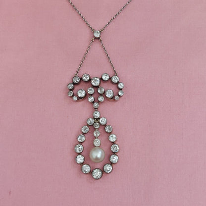 Antique 7ct Old Cut Diamond and Natural Pearl Pendant Necklace