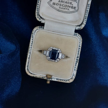 1.5ct Octagonal Sapphire Brilliant Baguette Diamond Ring Platinum Art Deco Vintage Antique