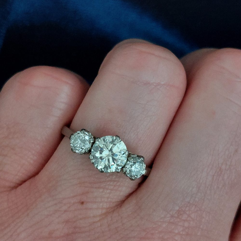 Antique Diamond Three Stone Ring, 1.60 carat total