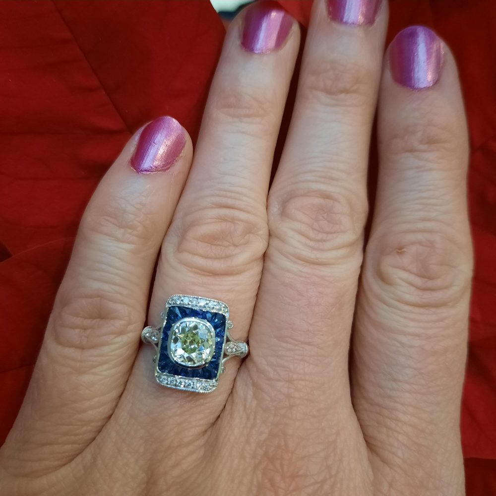 1.25ct Old Cut Diamond and Sapphire Target Cluster Tablet Ring