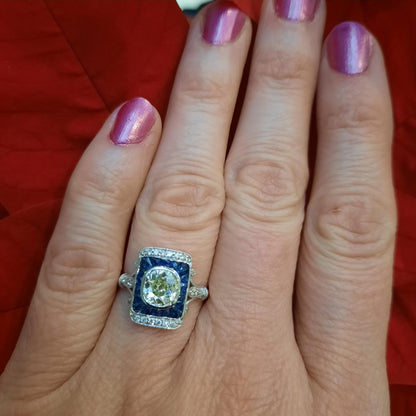 1.25ct Old Cut Diamond and Sapphire Target Cluster Tablet Ring