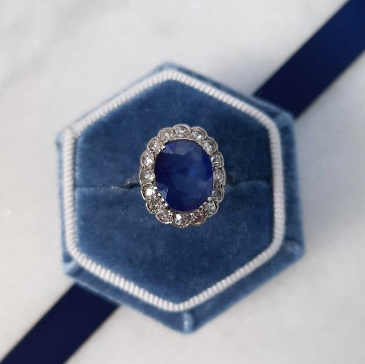 Art Deco 2.8ct Sapphire and Old Cut Diamond Cluster Ring