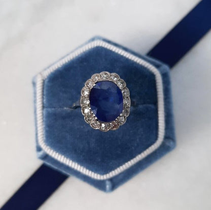 Art Deco 2.8ct Sapphire and Old Cut Diamond Cluster Ring