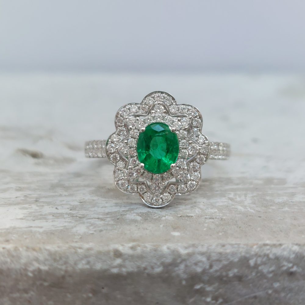 Emerald and Diamond Flower Cluster Ring