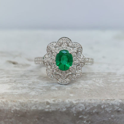 Emerald and Diamond Flower Cluster Ring