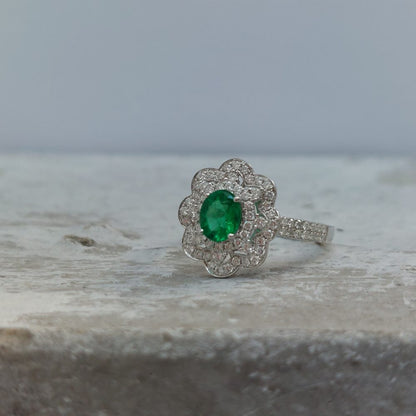 Emerald and Diamond Flower Cluster Ring