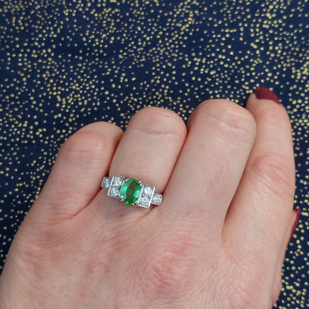 Vintage 1940s Green Demantoid Garnet and Diamond Ring