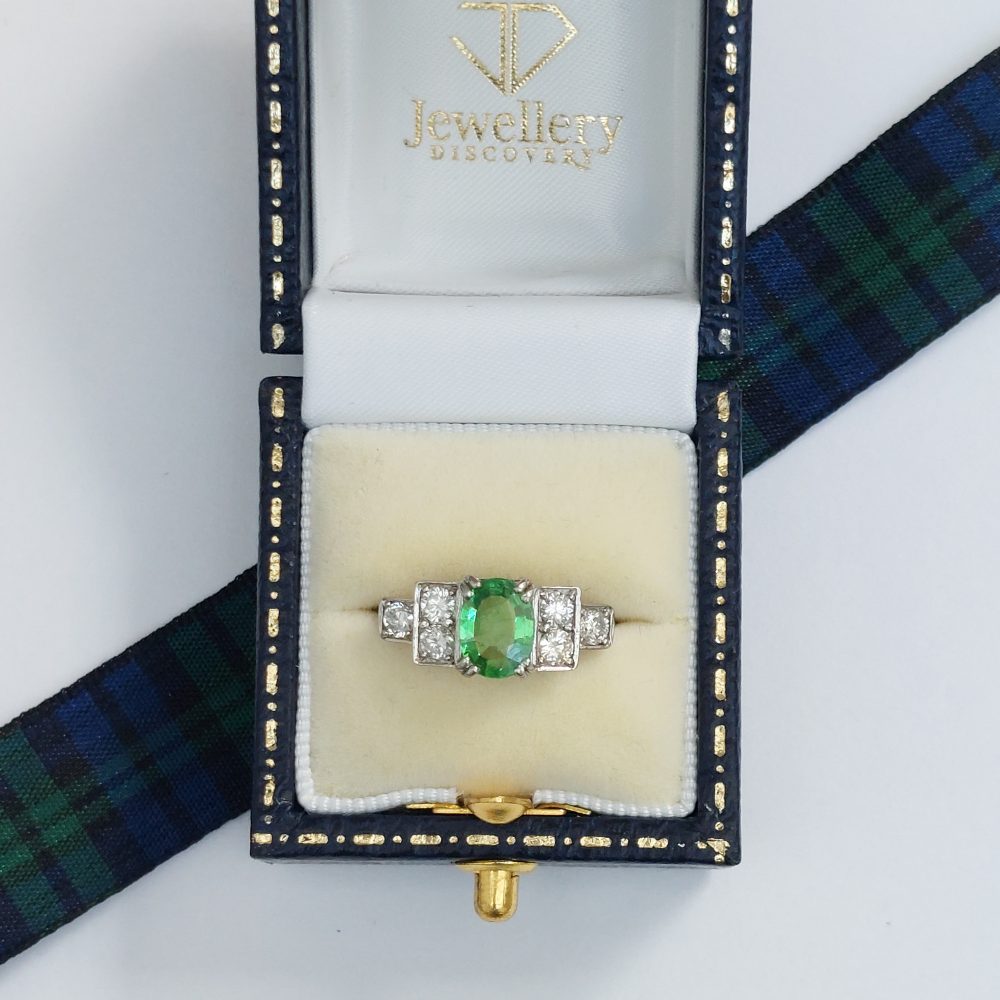 Vintage 1940s Green Demantoid Garnet and Diamond Ring