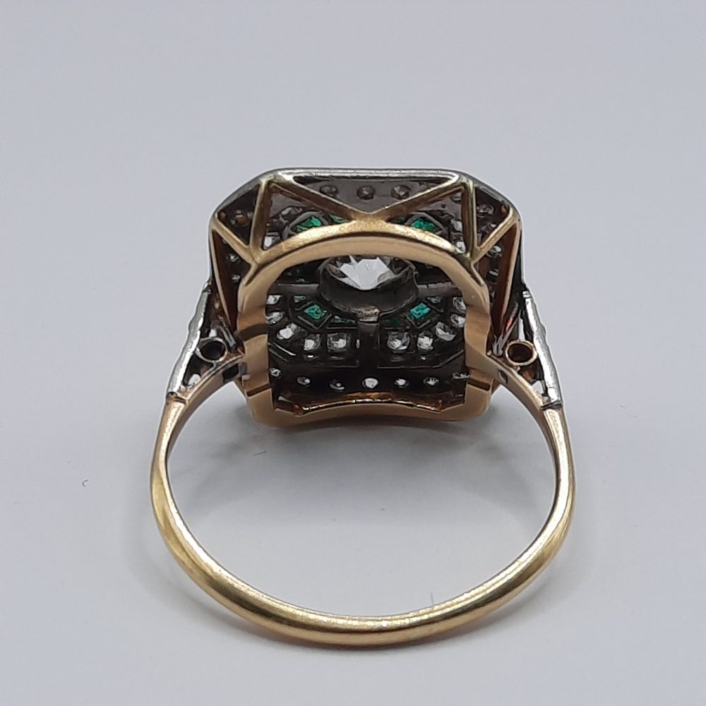 Old European Cut Diamond and Emerald Double Halo Target Ring