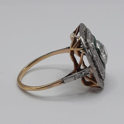 Old European Cut Diamond and Emerald Double Halo Target Ring