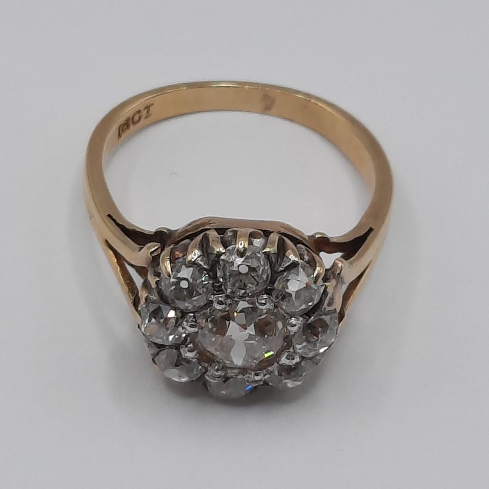 Victorian Antique 2.6cts Old Cut Diamond Cluster Ring in 18ct Yellow Gold