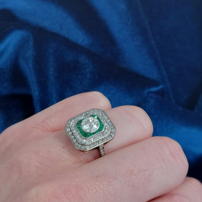 Old European Cut Diamond and Emerald Double Halo Target Ring