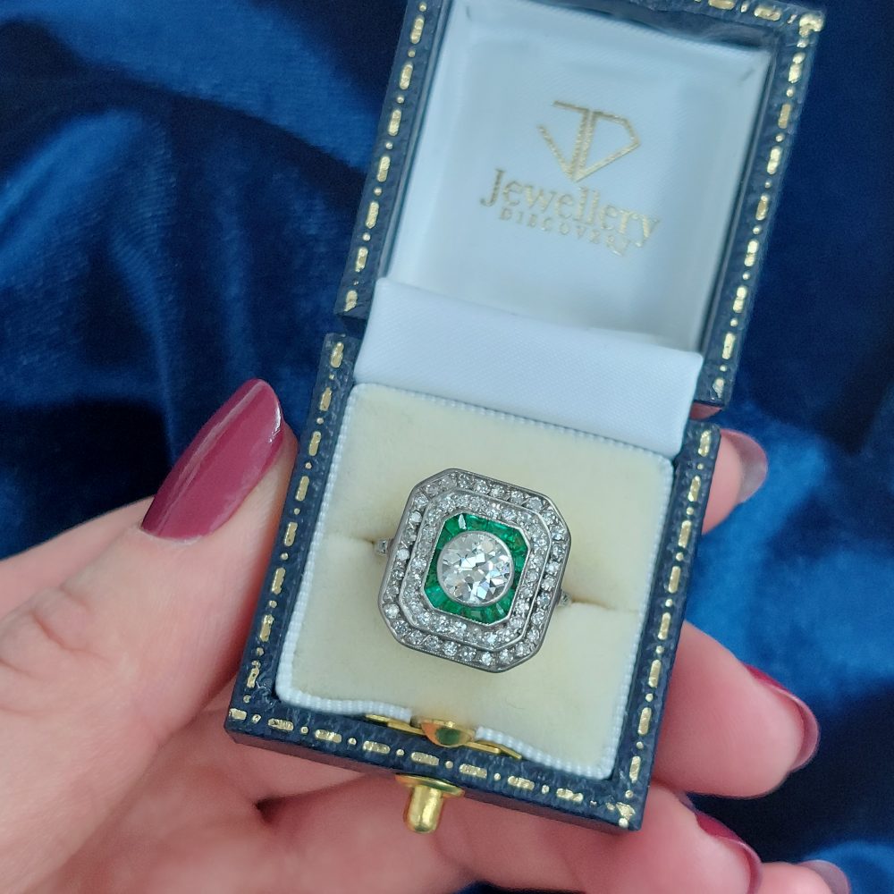 Old European Cut Diamond and Emerald Double Halo Target Ring