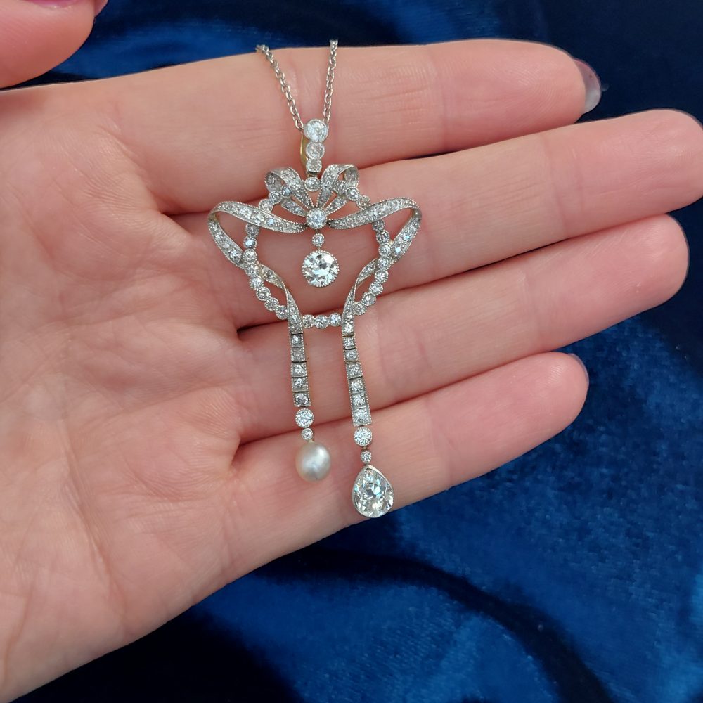 Antique Edwardian Natural Pearl and 3cts Old Cut Diamond Negligee Pendant Necklace