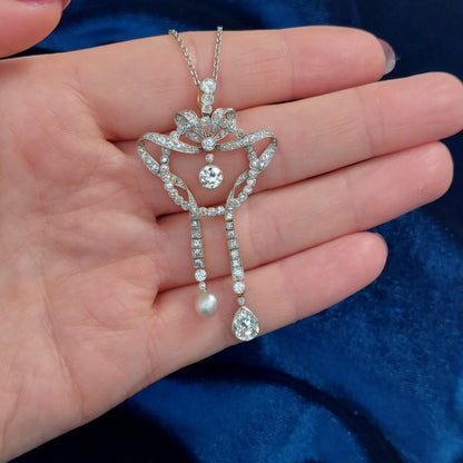 Antique Edwardian Natural Pearl and 3cts Old Cut Diamond Negligee Pendant Necklace