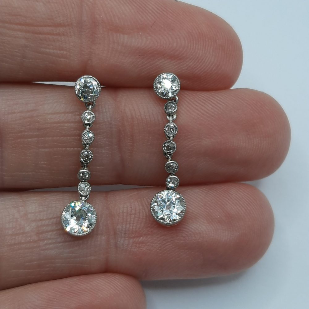 Antique Edwardian Old Cut Diamond Drop Earrings, 1.80 carats