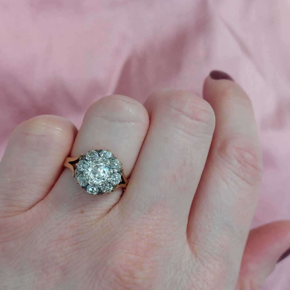 Victorian Antique 2.6cts Old Cut Diamond Cluster Ring