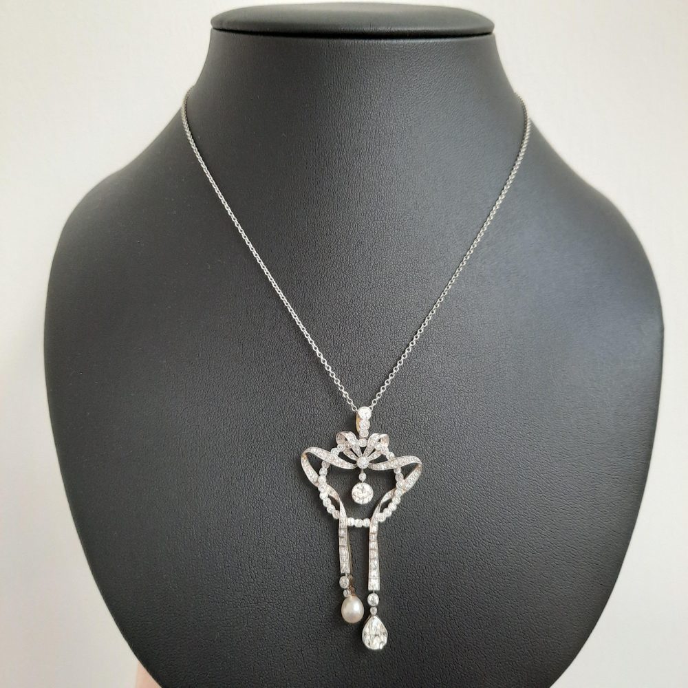 Antique Belle Epoque Natural Pearl and 3cts Old Cut Diamond Negligee Pendant Necklace