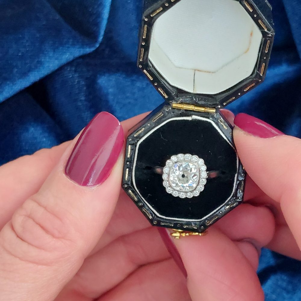 Antique 1.25ct Cushion Cut Diamond Cluster Ring