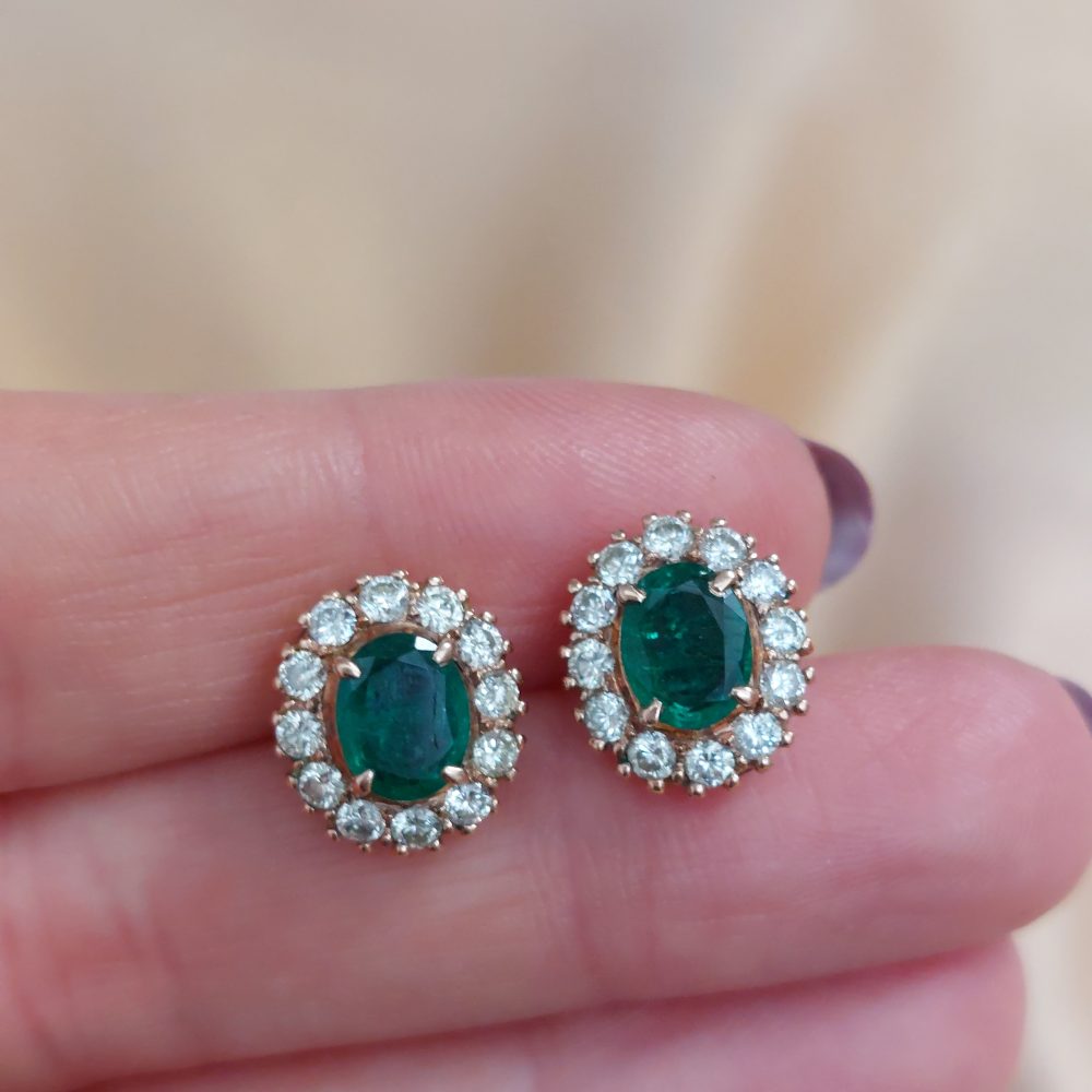 2.2ct Colombian Emerald and Diamond Oval Cluster Earrings