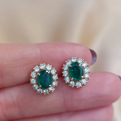 2.2ct Colombian Emerald and Diamond Oval Cluster Earrings