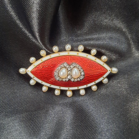 Victorian Antique Red Guilloche Enamel Marquise Brooch with Pearls and Diamonds
