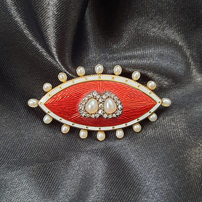 Victorian Antique Red Guilloche Enamel Marquise Brooch with Pearls and Diamonds