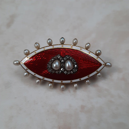 Victorian Antique Red Guilloche Enamel Marquise Brooch with Pearls and Diamonds