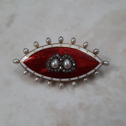 Victorian Antique Red Guilloche Enamel Marquise Brooch with Pearls and Diamonds