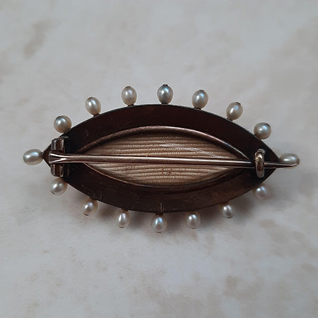 Victorian Antique Red Guilloche Enamel Marquise Brooch with Pearls and Diamonds