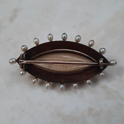 Victorian Antique Red Guilloche Enamel Marquise Brooch with Pearls and Diamonds