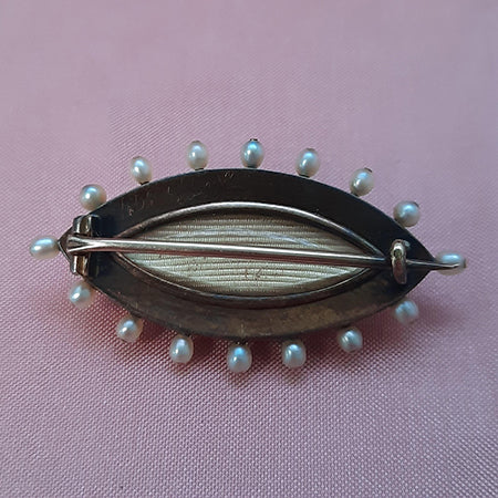 Victorian Antique Red Guilloche Enamel Marquise Brooch with Pearls and Diamonds