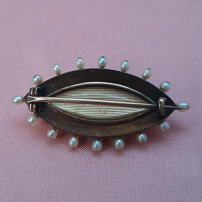 Victorian Antique Red Guilloche Enamel Marquise Brooch with Pearls and Diamonds