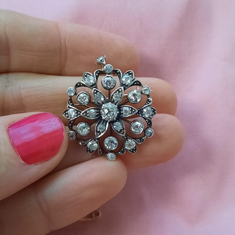 Antique Victorian 2ct Diamond Floral Cluster Pendant Brooch