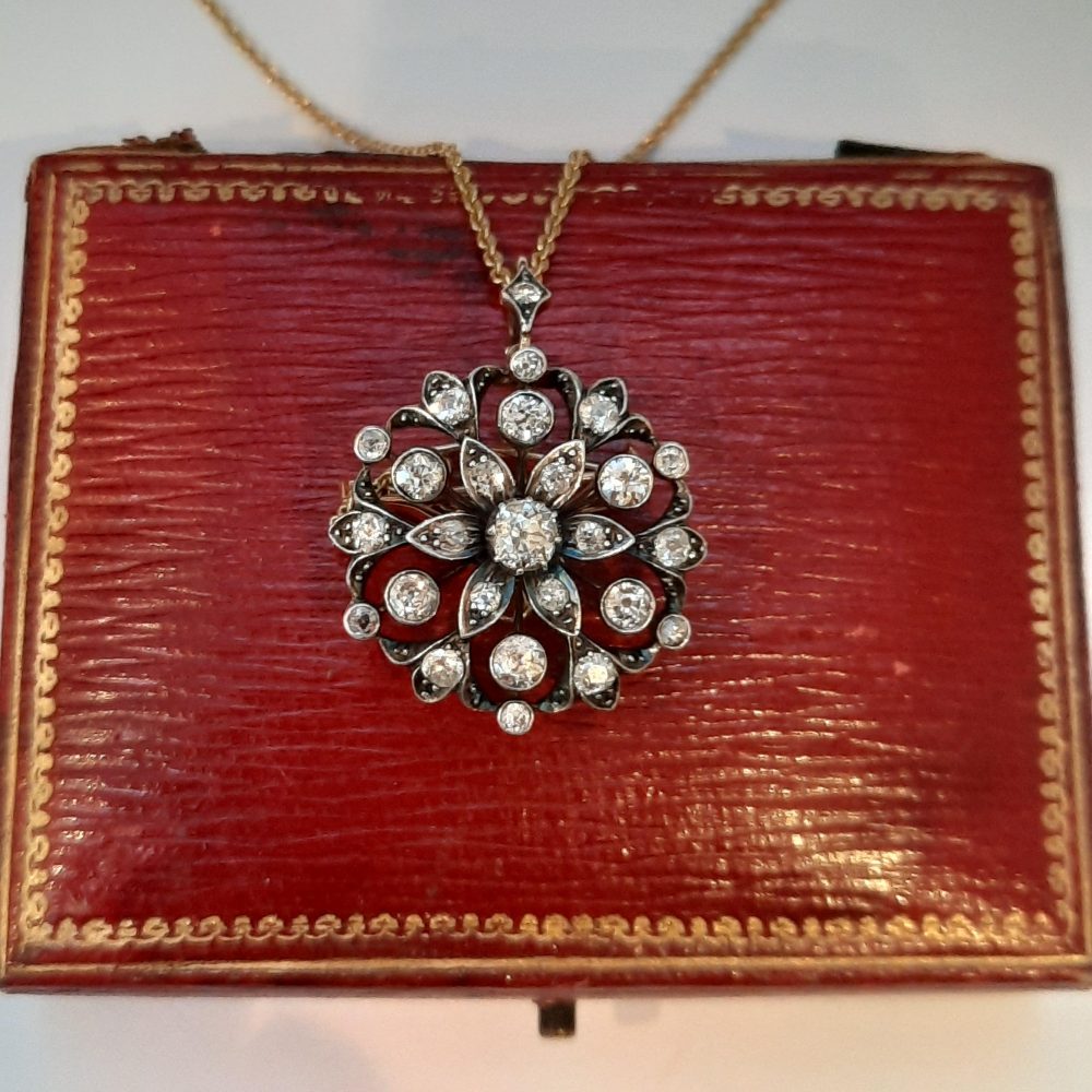 Antique Victorian 2ct Diamond Flower Cluster Pendant come Brooch