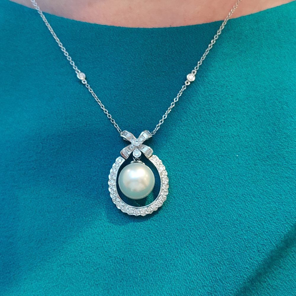 South Sea Pearl and Diamond Cluster Drop Pendant, 1.40 carats