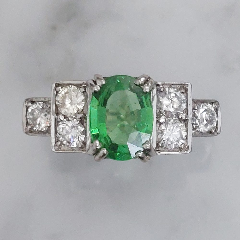 Vintage 1940s Green Demantoid Garnet and Diamond Ring