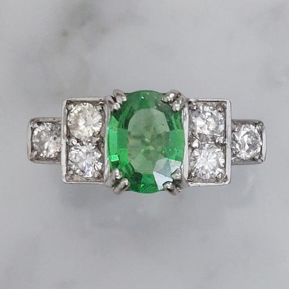 Vintage 1940s Green Demantoid Garnet and Diamond Ring