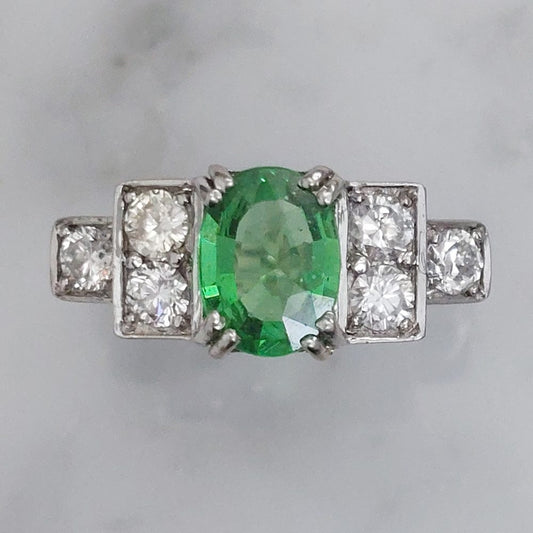 Vintage 1940s Green Demantoid Garnet and Diamond Ring