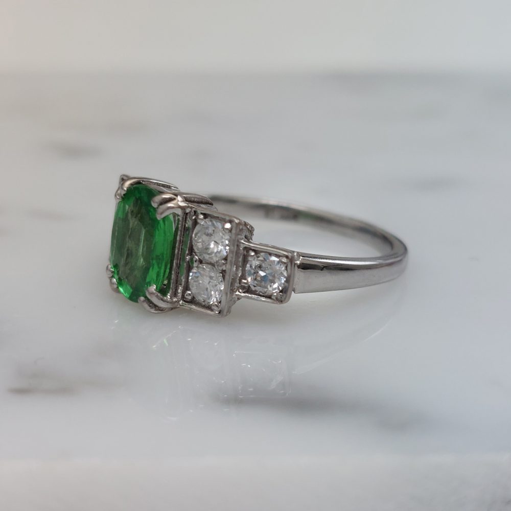 Vintage 1940s Green Demantoid Garnet and Diamond Ring