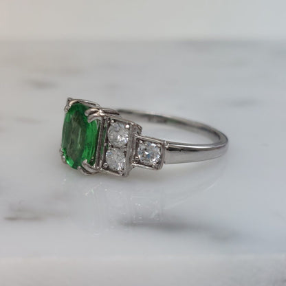 Vintage 1940s Green Demantoid Garnet and Diamond Ring
